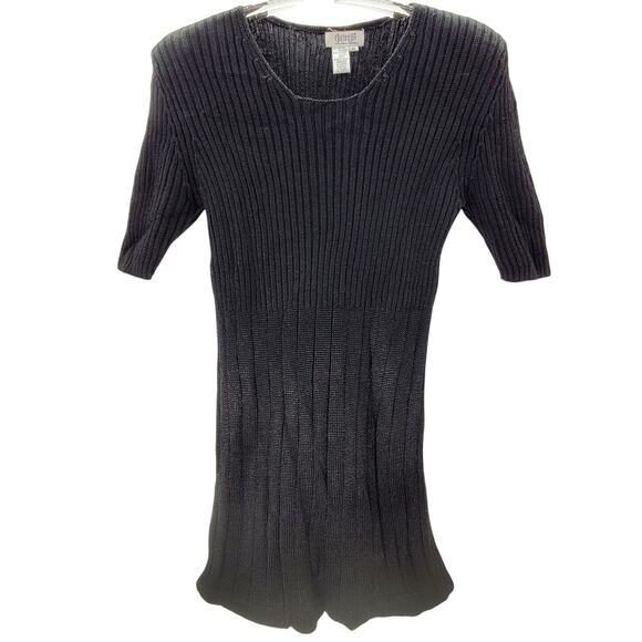 Elements Vintage Black Ribbed Knit‎ Stretchy Short Sleeve Basic Midi Dress - Picture 1 of 13